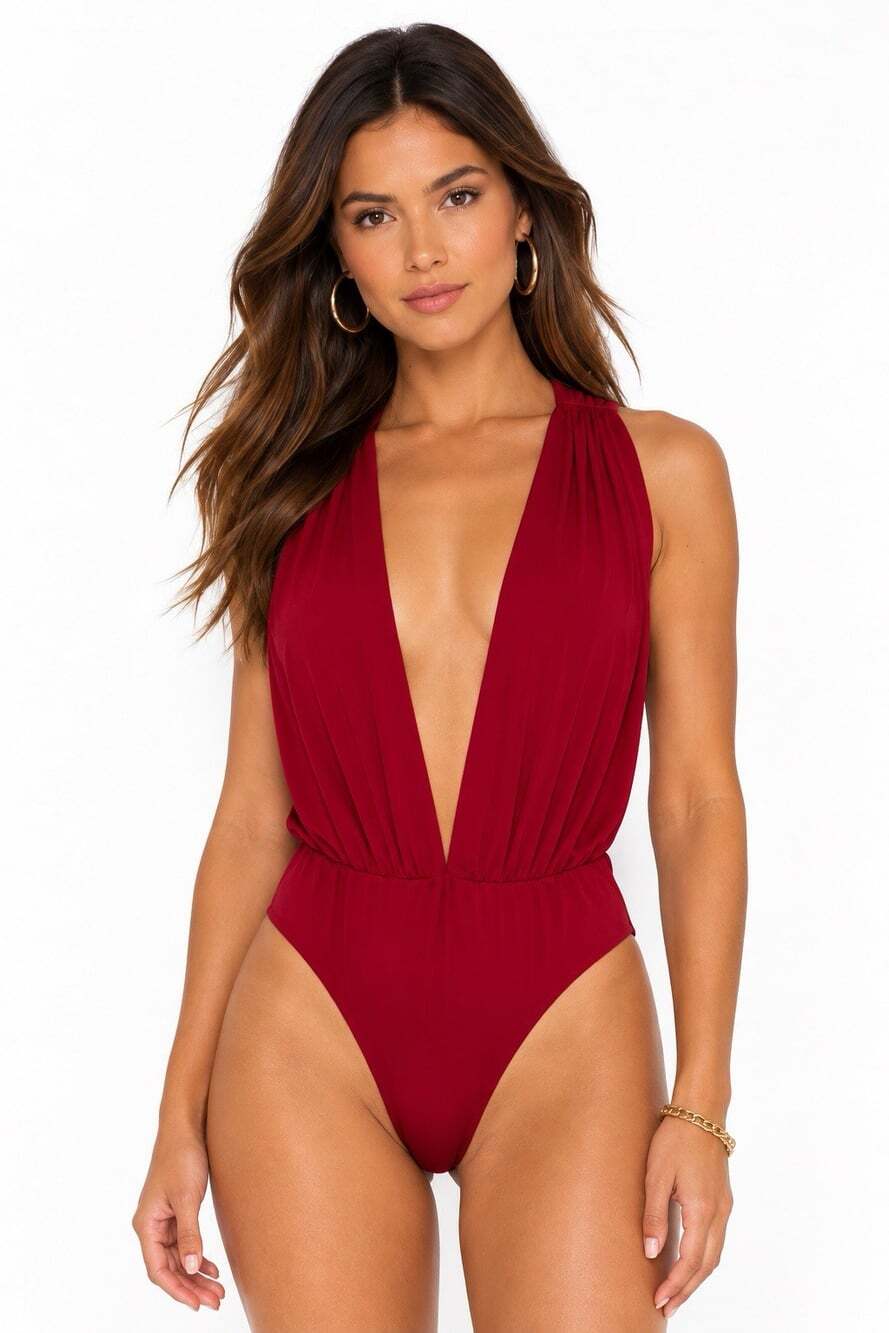Lovers & Friends Red Pink Bodysuit XS Deep Vneck Plunge Stretch Open Sides Sexy